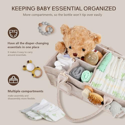 Diaper Caddy Organizer - Large Baby Caddy Organizer with Handle (Oatmeal) | Newborn Registry Essentials, Portable Nursery Storage Bin for Wipes, Bottles, Baby Shower Basket Gifts for Boys or Girls