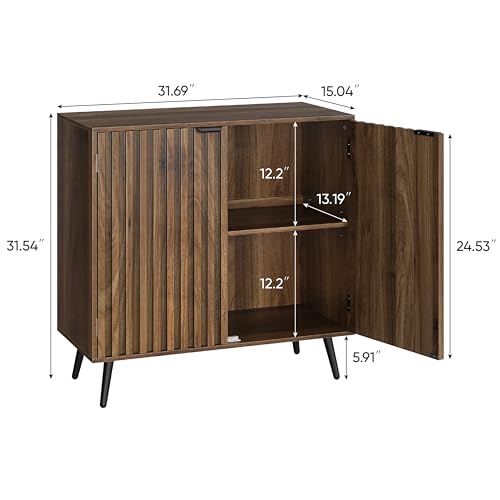 Smuxee Fluted Sideboard Cabinet, Freestanding Walnut Buffet Cabinet with Adjustable Shelf, Wood Storage Cabinet for Living Room, Entryway, Hallway
