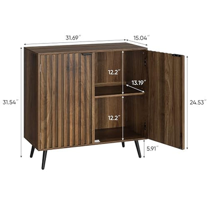 Smuxee Fluted Sideboard Cabinet, Freestanding Walnut Buffet Cabinet with Adjustable Shelf, Wood Storage Cabinet for Living Room, Entryway, Hallway