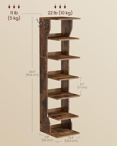 VASAGLE 7-Tier Vertical Shoe Rack, Narrow Shoe Storage Organizer with Hooks, Slim Corner Tower Shelf, Space-Saving for Entryway and Bedroom, Rustic Brown ULBS200KD01