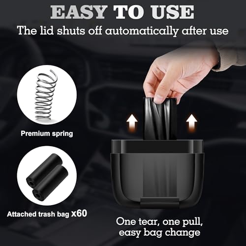 2 Pack Car Trash Can with Lid, Built-in Storage Garbage Bag, Black | Leakproof Car Door Trash Can with Hook, 60pcs Trash Bags, Mini Automotive Garbage Bin for Vehicle, Office, Home