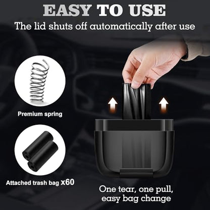 2 Pack Car Trash Can with Lid, Built-in Storage Garbage Bag, Black | Leakproof Car Door Trash Can with Hook, 60pcs Trash Bags, Mini Automotive Garbage Bin for Vehicle, Office, Home
