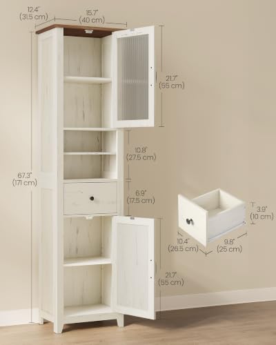 VASAGLE LIRY Collection -Tall Bathroom Cabinet, Farmhouse Freestanding Storage Cupboard with Drawer and Doors, Narrow Space Saver, 15.7 x 12.4 x 67.3 inch, Rustic White and Honey Brown, UBBK760W101S