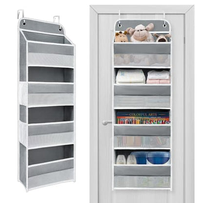 Over The Door Organizer 4 Shelves & 4 Side Pockets, Large Storage Rack | Anti-Tilt Hanging Door Storage for Closet, Heavy-Duty Mesh Shelf for Bathroom Closet Toy Organization Shoes Towels, Grey