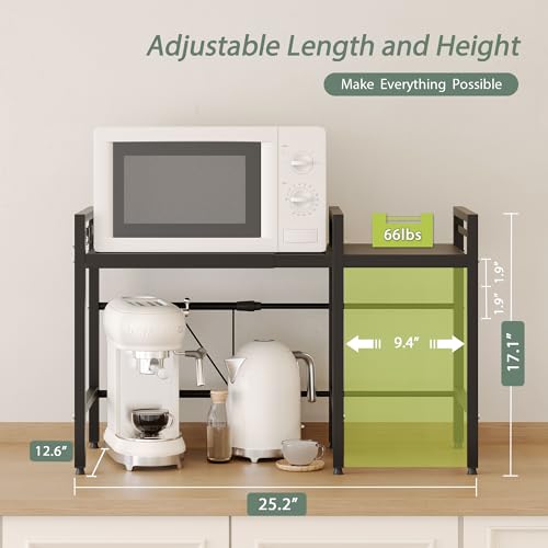 2 Tier Expandable Microwave Stand countertop,Microwave Oven Rack | microwave shelf, storage shelves for pans &appliances,Adjustable partition height，8 Hooks，55lbs max load,Black
