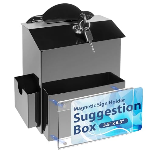 SAMYUCHO Metal Suggestion Box with Magnetic Sign Holder, Black Donation Box | 2 Extra Side Spaces, Wider 3.9in Slot for Convenient Drop, Secure Lock with 2 Keys, Wall Mounted or Tabletop, Diversified Use