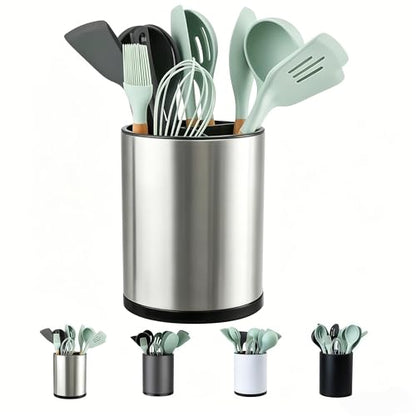 Kitchen Utensil Holder,Extra Large 360°Rotating For Countertop Organizer | Stainless Steel Storage,Hold 40 Utensils,Cooking Silverware Caddy 3 Compartment Spoon Spatula Tool Container（Silvery）