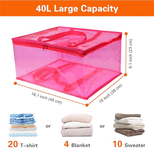 Pink 40L Clear Clothes Storage Bag with Zipper 3 Pack | Colorful Clothes Organizer, Vinyl Storage Bag for Comforter, Blanket, Bedding, Duvet, Transparent Moving Totes