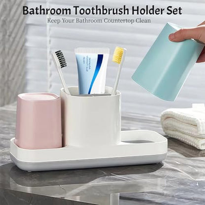 Toothbrush Holder for Bathroom, Kids Toothbrush Holder with Cups, Electric Toothbrush Holder for Bathroom Decor, Kids Bathroom Accessories Set with Toothpaste Holder, Pink & Blue