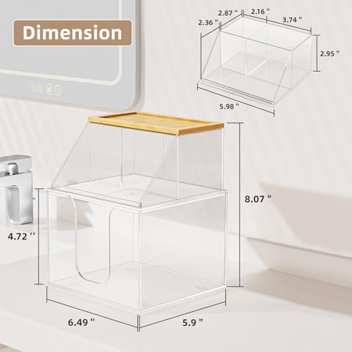 Acrylic Disposable Face Towel Holder, Clean Container for Skin Club, Clear | Bathroom Facial Towels Box for XL Clean Skin Club, Face Towels Wipes Cotton Pads Q-tip Holder for Bathroom, Bamoo Lid