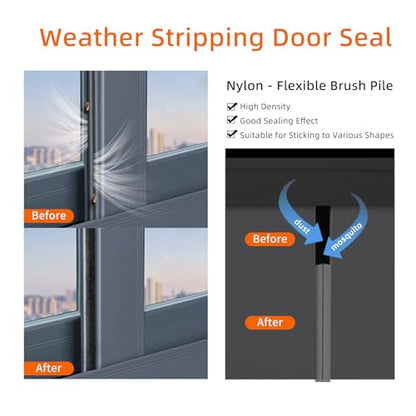 33 Feet Brush Weather Stripping,Door Brush Seal Strip,Door Soundproofing Strip,Window Noise Blocker,Self Adhesive Draft Blocker,Dust Stopper Winter,Grey,0.6in Brush x 0.35in Backing