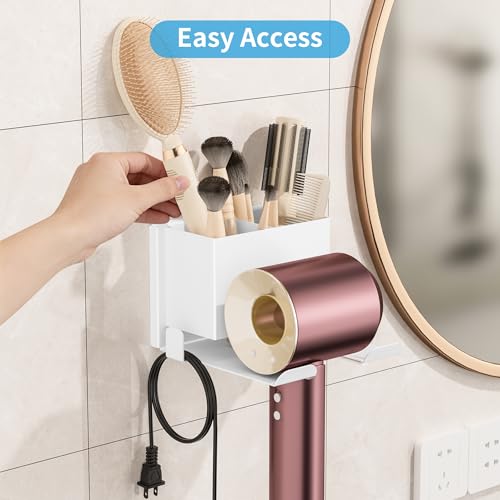 Hair Dryer Holder, White Blow Dryer Holder, 2 Installation Options | Hair Dryer Wall Mount for Bathroom, Space Saving Hair Dryer Storage with Hook, Adhesive and Screw Mounting
