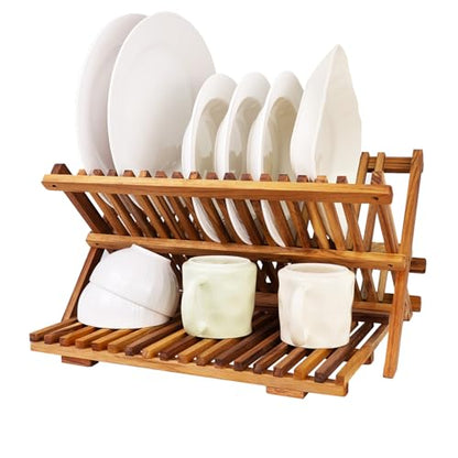 Utoplike Teak Dish Drying Rack Collapsible, Large Dishes Draine 3 Tier | Foldable Large Capacity Dish Draine, Space-Saving Countertop Kitchen Organizer for Plates, Cups