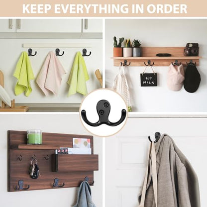 Homanu 14 Pack Coat Hooks, Heavy Duty Double Prong Coat Hooks Wall Mounted with 28 Screws, No Rust Black Metal Wall Hooks for Hanging Towel, Coat, Bag, Hat, Cup, Key