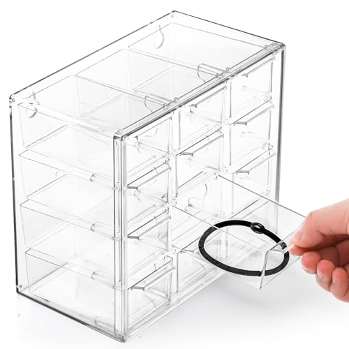 2 Pack Mini Desk Organizer with 12 Removable Drawers, Clear Plastic Desktop Drawer Organizer, Desk Craft Storage Box for DIY Crafts, Art Supply, Office, Cosmetic, Jewelry
