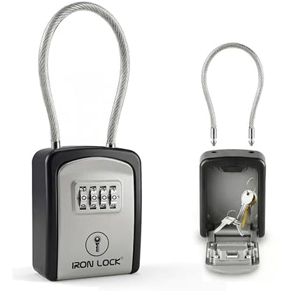 Iron Lock® Key Lock Box with Code, Portable Cable Shackle (Small, Grey) | Holds 2-3 house keys or an access card; 11-in steel cable loops on gate or rail; weather-resistant; no app or battery