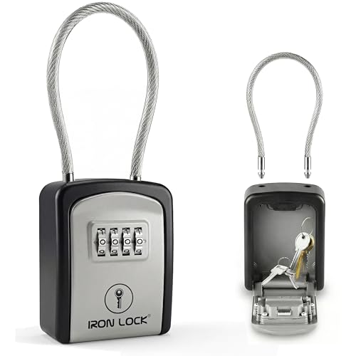 Iron Lock® Key Lock Box with Code, Portable Cable Shackle (Small, Grey) | Holds 2-3 house keys or an access card; 11-in steel cable loops on gate or rail; weather-resistant; no app or battery