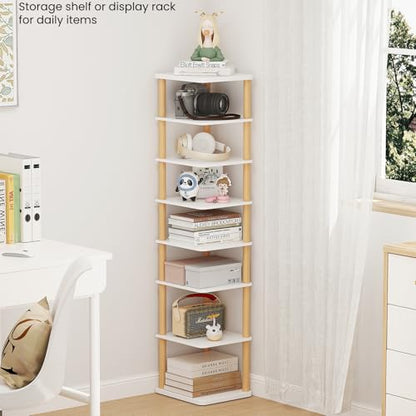 8 Tiers Vertical Shoe Rack, Tall Narrow Shoe Tower, Corner Shoe Rack, White | Small Shoe Organizer for Entryway, Closet, Dorm & Small Spaces, Freestanding Wooden Shoe Shelf for Boots, Sneakers, Heels.