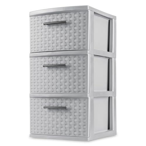 Sterilite 2-Pack 3-Drawer Weave Tower, Medium Storage Closet Organizer, Cement - Plastic Drawers and Containers for Bedroom, Cabinet, Clothes, Dresser, and Kitchen Pantry Organization
