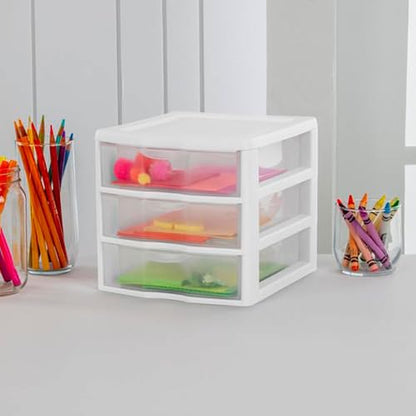 Sterilite Clearview Plastic Multipurpose Small 3 Drawer Desktop Storage Organization Unit for Home, Classrooms, or Office Spaces, White, 6 Pack | White - Organizing Drawers, Containers for Bathroom, Closet, Kitchen, and Bedroom