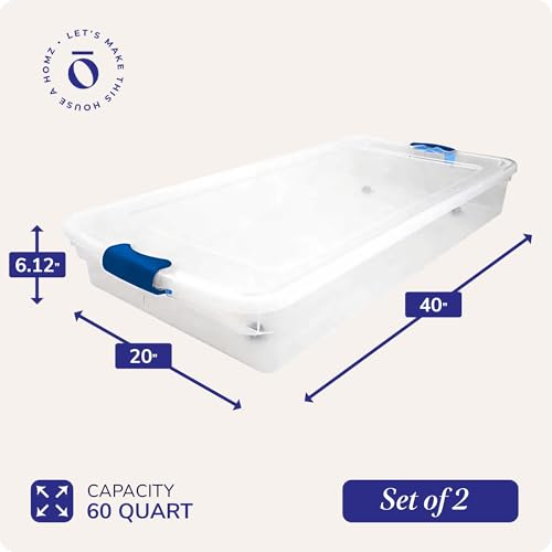 HOMZ 2-Pack Under Bed Storage, Clear Plastic Containers with Lids, 60 Quart, Blue Latch - Stackable Underbed Organizer Bins for Shoes, Bags, Clothes, and Towels