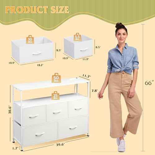 White Dresser for Bedroom with 5 Drawers，Fabric Dr... (White)