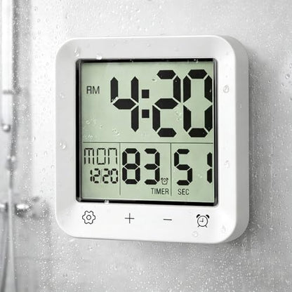 Shower Clock Waterproof, Bathroom Digital Clock with Timer, LCD Display, Touch Screen, Suction Cup, Temp, Seconds, Hanging, Hole Stand, Digital Wall Clocks Battery Operated for Kids and Adults