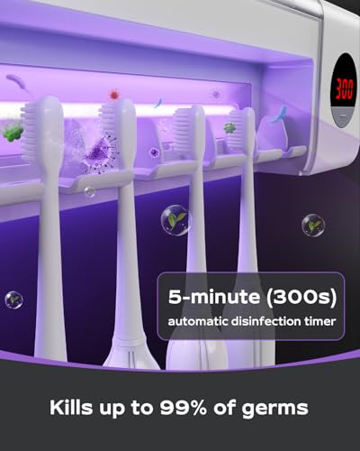 Toothbrush Holder for Bathroom Wall Mounted, Rechargeable - White | EPA Certified; 300s Smart Timer; 2000mAh Battery; LCD Working Display; Holds 5 Toothbrushes; Easy Wall Mount