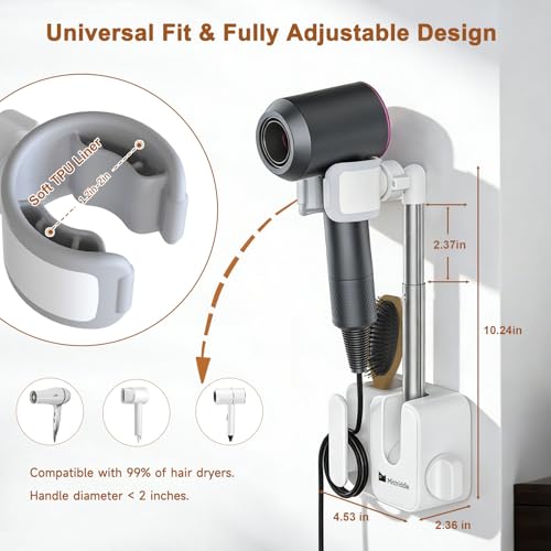 Hands Free Hair Dryer Holder Wall Mount, Anti-Shake Blow Dryer Stand with Storage Slot, Drill-Free Adhesive or Screw Installation, Height & Front-Back Adjustable Arm, Bathroom Organizer(White)