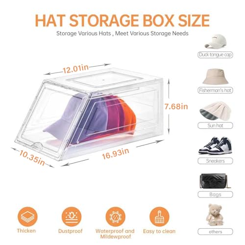 Stackable Clear Hat Organizer for Baseball Caps with Sliding Drawer | 2 Pack, Each Holds 12 Caps, Hat Storage Box for Closet, Transparent Hat Holder Display Case, Space-saving, Plastic