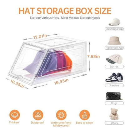 Stackable Clear Hat Organizer for Baseball Caps with Sliding Drawer | 2 Pack, Each Holds 12 Caps, Hat Storage Box for Closet, Transparent Hat Holder Display Case, Space-saving, Plastic