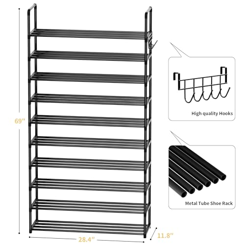 Shoe Rack, 10 Tier Shoe Storage Organizer with Hooks,Fit 40-45 Pairs Shoes,Metal Tall Shoe Shelf for Closet,Entryway, Hallway,Garage,Bedroom,Cloakroom