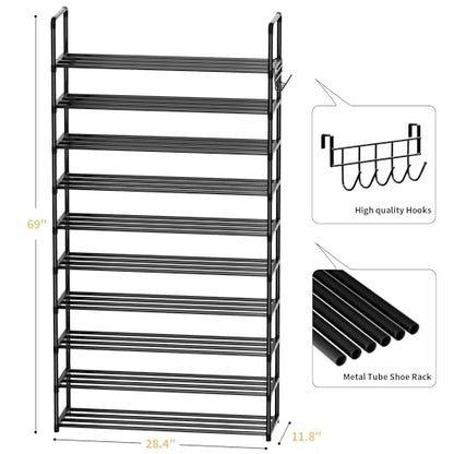 Shoe Rack, 10 Tier Shoe Storage Organizer with Hooks,Fit 40-45 Pairs Shoes,Metal Tall Shoe Shelf for Closet,Entryway, Hallway,Garage,Bedroom,Cloakroom