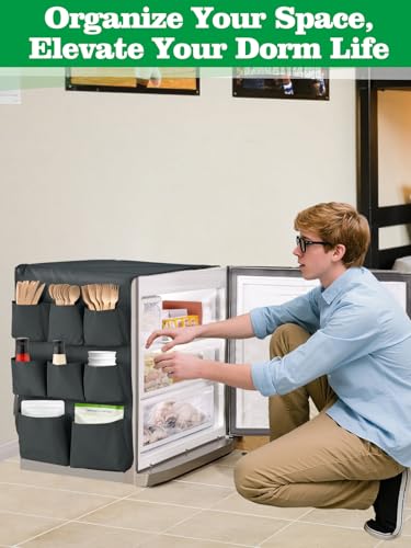 55" x 13" Mini Fridge Organizer for College Dorm Room Essentials | Over the Fridge Storage Organizer with 4 Different Size Pockets for Dorms & Office Flatware, Dorm Essentials for Guys