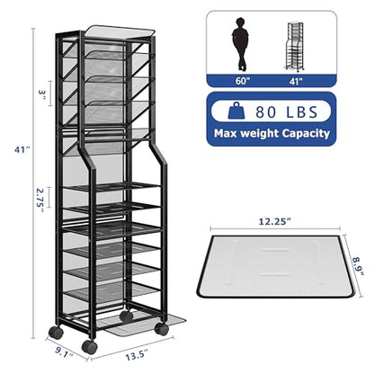 Simple Trending 12 Tier Rolling File Cart, Desk File Organizer with Sliding Trays and Metal Mesh Paper Letter Storage Multi Functional Rolling Clutter Cart for Office, Home, School, Black