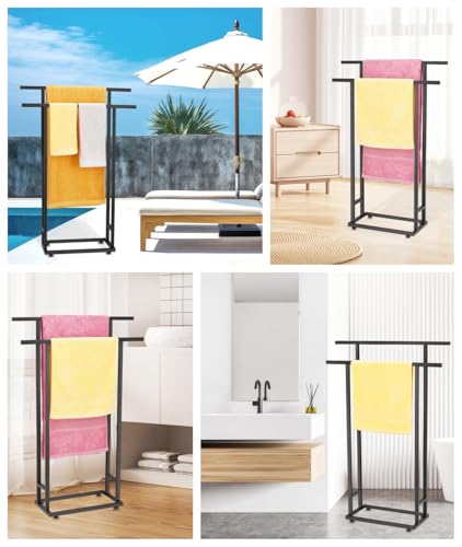 Standing Towel Racks for Bathroom, 2 Tier Bathroom Floor Free Standing Towel Rack, Tall Enough Pool Bath Drying and Dispaly Outdoor Stand for Storage, Black Freestanding Blanket Holder, ALHAKIN