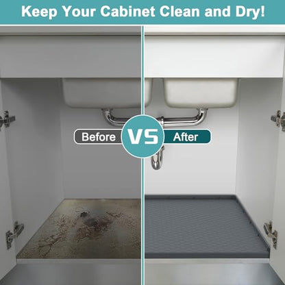 Under Sink Mats for Kitchen Waterproof 31" x 19", Silicone Under Kitchen Sink Mat for Bottom of Sink, Under The Sink Organizer for Kitchen and Bathroom Gray