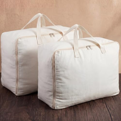 2 Pack 100% Cotton 24"x 15"x 12" White Canvas Sweater Comforter Storage Bag with Handles for Home Travel Beddings Pillow Blankets Saree Linens Organizer Thick Soft Breathable Closet Bags