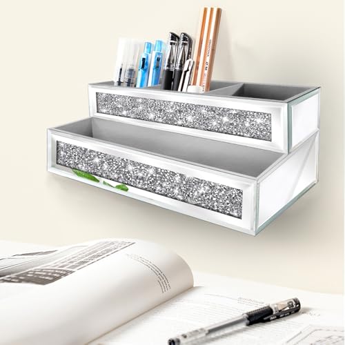 Mirror Hair Dryer Holder Upgrade Crystal Crush Diamond Hair Tool Organizer Wall Mount. Silver Bathroom Cabinet Tray for Blow Dryers, Hairdryer Straightener, Makeup,Brushes .(10.5”x7”x5”)