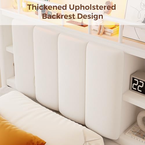 Twin Size Bed Frame with LED Storage Headboard & 2 Storage Drawers, Velvet Upholstered Bed with Vertical Tufted Headboard Design, USB & Type-C Charging Ports, Wooden Slats Support, Noise-Free, Beige