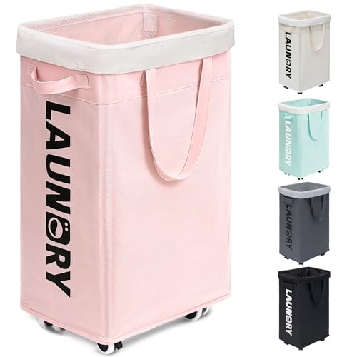 75L Laundry Hamper with Wheels, Dorm Room Essentia... (Pink 1-Pack | Polyester)
