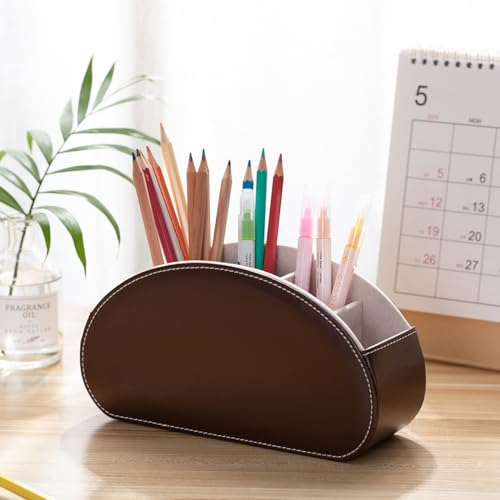 Remote Control Holders Organizer Box with 5 Compartment PU Leather Caddy | Multi-functional Office Desk Storage Caddy Store Tv Remote for Media Player,Brush,Pencil,Glassees&Office Supplies
