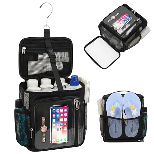 Hanging Shower Caddy Portable Bag - Quick Dry Shower Tote for Dorm College Essentials, Water-Resistant Travel Toiletry Bag with Separate Compartment & Multiple Pockets (Black, M)