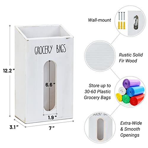 Farmhouse Grocery Bag Holder for Kitchen, Wooden Plastic Bags Holder for Supermarket shopping carrier Recycle, Wall Mounted Garbage Bag Dispenser with Extra-Wide & Easy-Access Openings, White