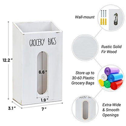 Farmhouse Grocery Bag Holder for Kitchen, Wooden Plastic Bags Holder for Supermarket shopping carrier Recycle, Wall Mounted Garbage Bag Dispenser with Extra-Wide & Easy-Access Openings, White