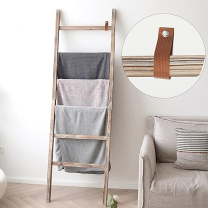 Blanket Ladder, 24in Wide Rustic Solid Wood Decor Rack, Burnt Brown | 6.4 ft high and 6 rungs, farmhouse quilt display holder, organize towel and scarf, leaning wall, bathroom and living room use