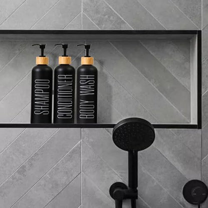 16oz 3-Pack Refillable Black Bathroom Shower Set - Empty Bottles with Pump for Shampoo, Conditioner, or Body Wash