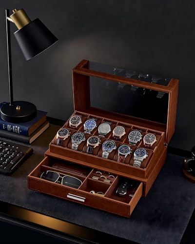 ProCase Watch Box for Men, 12 Slots Watch Display Holder -Brown | Clear Acrylic Top, Large Capacity PU Leather Case with Drawer Organizer, Jewelry Storage, Ideal Gift for Men Women
