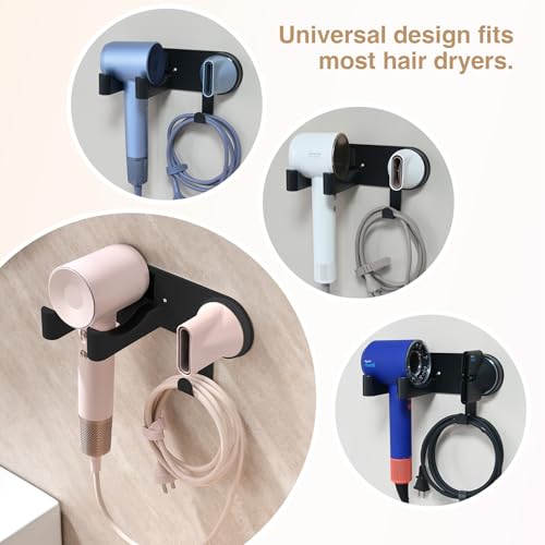 Wall-Mounted Hair Dryer Holder, Adhesive Blow Dryer Craddle | Hairdryer Cable Storage Organizer, Hair Tool Holder for Vanity, Screw Mount/Adhesive, Aluminum Alloy & ABS, Black