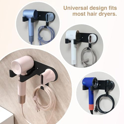 Wall-Mounted Hair Dryer Holder, Adhesive Blow Dryer Craddle | Hairdryer Cable Storage Organizer, Hair Tool Holder for Vanity, Screw Mount/Adhesive, Aluminum Alloy & ABS, Black